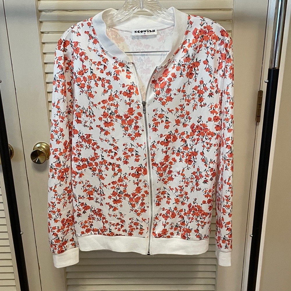 EcoWish Women's Floral Bomber Jacket - White and Red